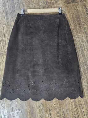 Siena Studio 100% Leather Suede Skirt Sz 4 Brown Scalloped Eyelet Hem Floral